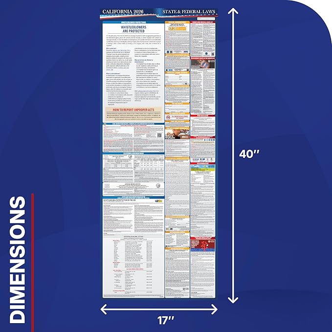 2026 California State and Federal Labor Law Poster - English Version - OSHA Workplace Compliant - Mandatory Regulations All-in-One Required Compliance Posting for Employees 17" x 40" Laminated (English)