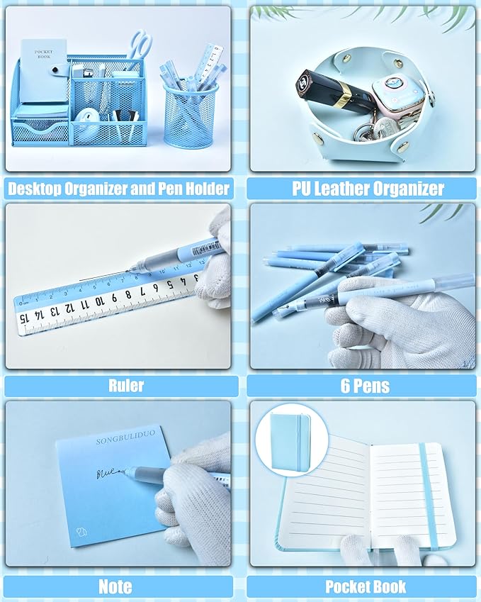 Blue Desk Accessories, 26Pcs Office Supplies and Desk Organizers, with Tape Dispenser, Stapler, Staple Remover, Ect, Christmas Gifts