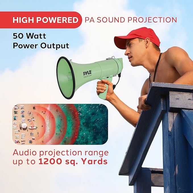 Pyle 50W Megaphone Bullhorn - Portable, Automatic Siren & Adjustable Volume, Projection Range Up to 1200 Square Yards, Aux Input, Talk, Siren, Music, Whistle, & Record, Shoulder Strap (Black)
