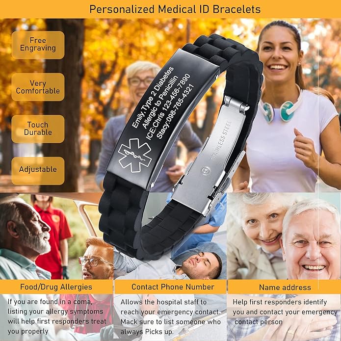 VNOX Medical Alert Bracelets for Men & Women Kids with Free Engraving Adjustable Stainless Steel Mesh Emergency Medical ID Bracelets Wristband