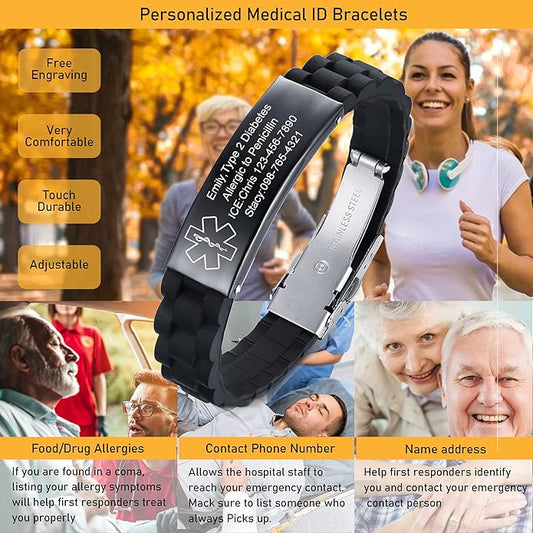 VNOX Medical Alert Bracelets for Men & Women Kids with Free Engraving Adjustable Stainless Steel Mesh Emergency Medical ID Bracelets Wristband