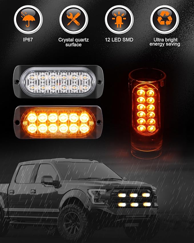Leelosp 14 Pcs 12 LED Strobe Lights for Tow Trucks Construction Vehicles Surface Mount Emergency Hazard Beacon Safety Warning Lamps Flashing 12-24V Grille Head for Car Accessories (Amber)