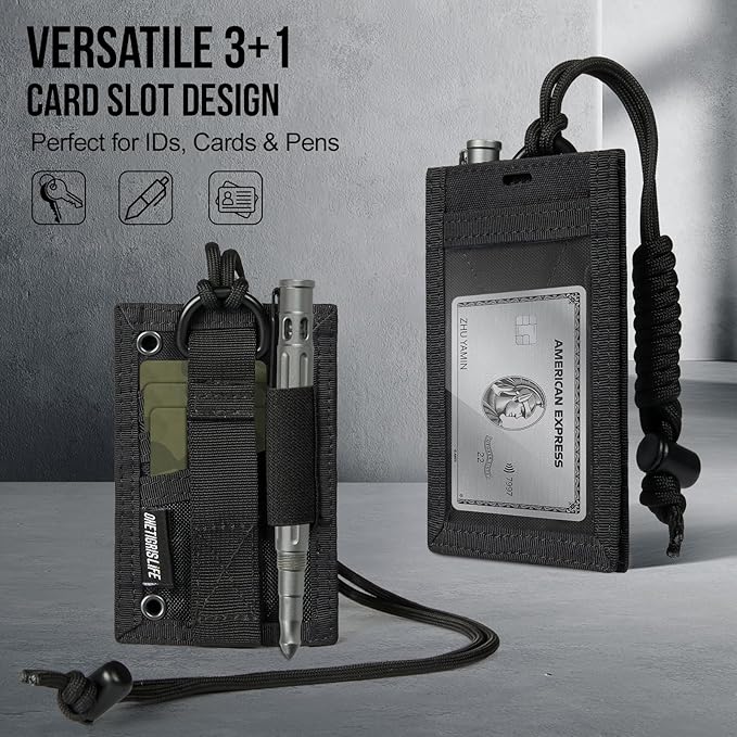 OneTigris Tactical ID Card Holder Hook & Loop Patch Badge Holder Neck Lanyard Key Ring and Credit Card Organizer (Black)