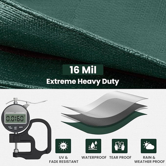 Tarp 12x16 Feet 16 Mil Heavy Duty Waterproof Tarp, Large Multipurpose Cover with Brass Grommets and Reinforced Edges, UV Resistant Thick Poly Tarps for Outdoor Camping Tent Pool Car, Green