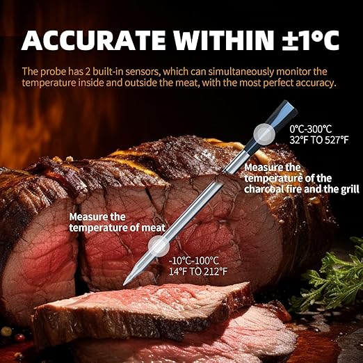 YFL Smart Wireless Meat Thermometer with App, 500ft Range Bluetooth 5.4 BBQ Thermometer, Wire-Free Digital Food Probe with Dual Sensors for Grilling, Smoker, Oven, Rotisserie, Steak, IP67 Waterproof