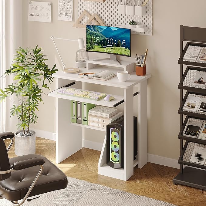 ALISENED 30" Small Computer Desk with Keyboard Tray Monitor Stand, Study Writing Desk with Storage Shelves, Modern Workstation for Small Spaces, Save Space, White