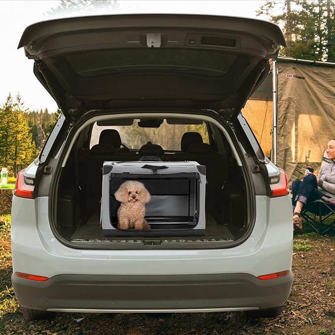 PETSFIT Portable Dog Crate, with Patented Adjustable Fabric Cover, Chewproof & Lockable Mesh Doors, Waterproof Base Collapsible Kennel Grey 26 Inch