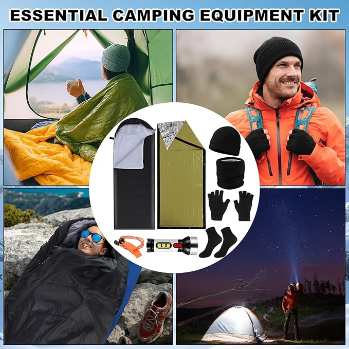 8 Pcs Portable Emergency Thermal Blanket Camping Sleeping Bag Solar Rechargeable Flashlight Emergency Safety Whistle Gloves Scarf Socks Beanie Set for Camping Hiking Travel Hunting (Green)