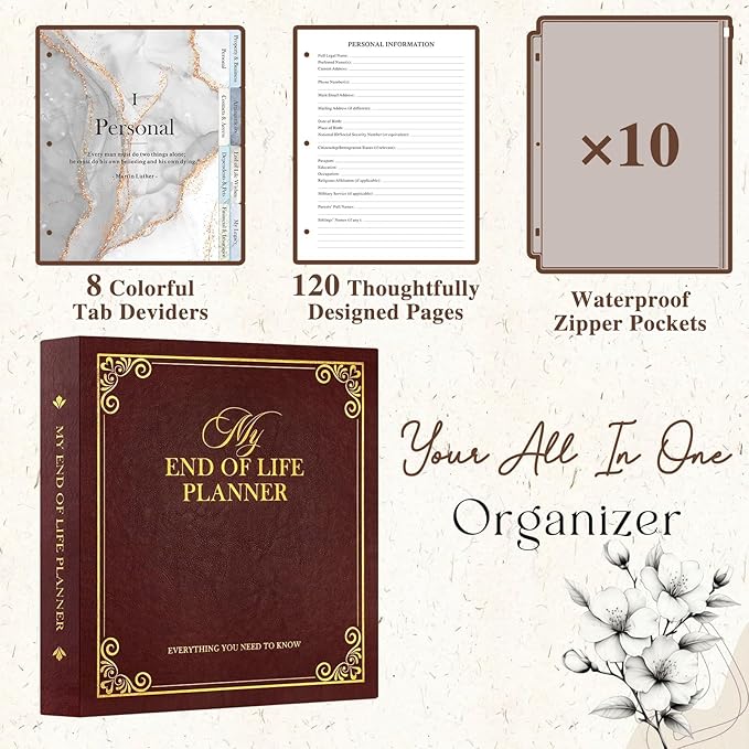 Lanpn End of Life Binder Organizer Death Planner 8.5"x11", Final Wishes & Estate Document Folder with 8 Dividers & 10 Letter Size Binder Pockets, When I Die Journal Before Death Life Plan Book, Brown