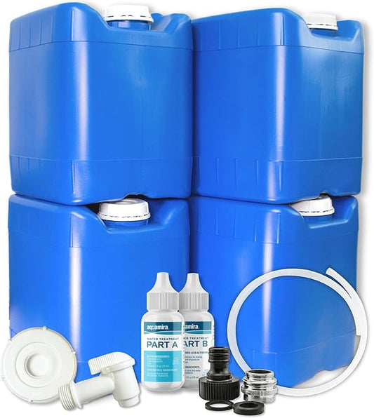 5-Gallon Stackable Water Tanks for Long-Term Emergency Storage | Complete Water Storage Kit for Survival with Lids, Spigot, Water Treatment, Hose & Faucet Attachment (4 Tanks (20 Gallons))