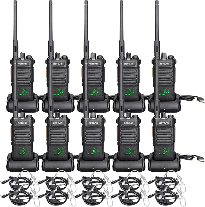 Retevis RT86 2 Way Radio Long Range with Earpiece, Professional Walkie Talkie High Power,Commercial Work Radio Bulk,Heavy Duty Two Way Radio Rechargeable, for Industry Construction Warehouse(10 Pack)