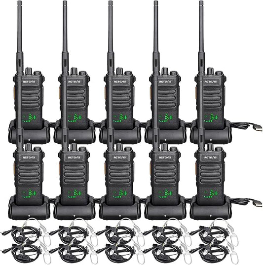 Retevis RT86 2 Way Radio Long Range with Earpiece, Professional Walkie Talkie High Power,Commercial Work Radio Bulk,Heavy Duty Two Way Radio Rechargeable, for Industry Construction Warehouse(10 Pack)
