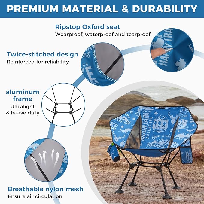 ATEPA UFO3.0 Backpacking Camping Chair, Ultralight Extra Wide Comfortable Folding Chairs Heavy Duty Portable Hexagon Ergonomic Height Adjustable Seat with Anti-Sinking Feet for Hiking Outdoor, Blue