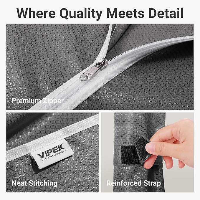 VIPEK R2C Plus Heavy Duty Rolling Garment Rack with Cover Clothing Racks for Hanging Clothes Portable Closets with Adjustable 3 Wire Shelves, Double Rods, Black Rack with Grey Upgarded Polyester Cover