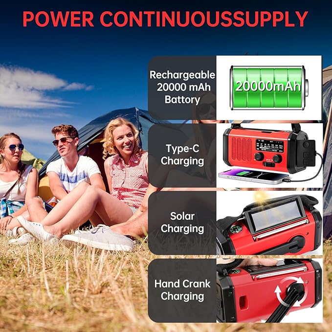 Emergency Radio Hand Crank Solar, AM/FM/NOAA Weather Radio Built-in 20000mah Battery Powered,Type-C Charger,Flashlight, Reading Light,SOS, Compact & Portable for Camping/Emergencies