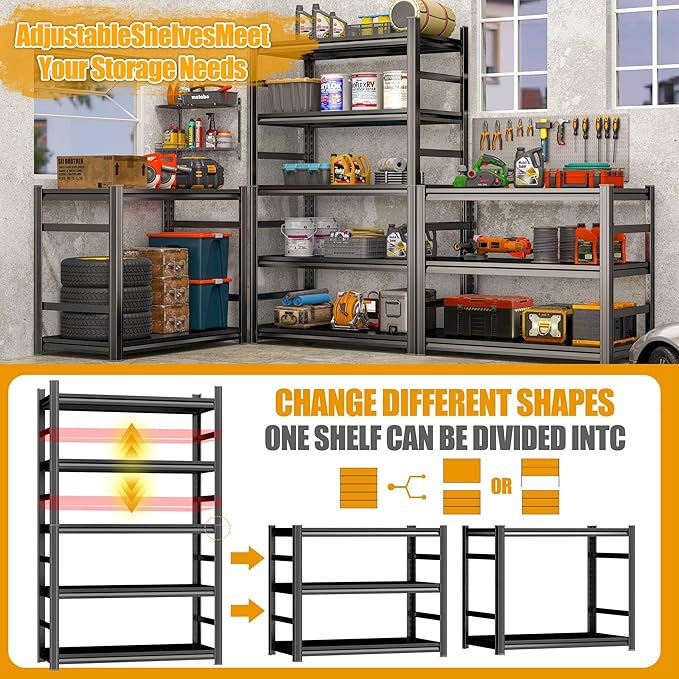 Storage Shelves, Garage Metal Shelving Unit, Adjustable, Double-Layer Column with Reinforced Ribs, Heavy-Duty, Capable of Bearing 600-3600 lbs (Black, 45''W*20''D*63''H, 5-Tier)