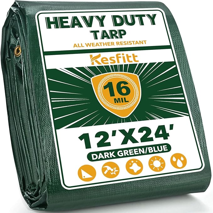 Kesfitt Tarp Heavy Duty Waterproof 12x24FT,16 Mil Thick Tarps Tear&Fade Resistant,UV Resistant,Poly Tarp Cover with Grommets and Reinforced Edges for Outdoor Camping Pools Boat Car(Green/Blue)
