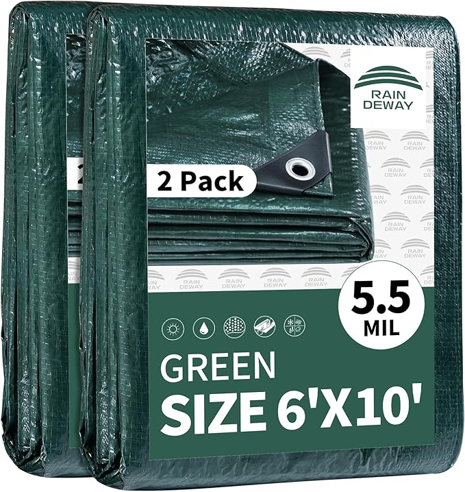 RAINDEWAY Tarps 6x10 Feet(2 Pack),Small Tarp Waterproof,5.5 Mil Thick, Multipurpose Waterproof Poly Tarp Cover with Metal Grommets and Reinforced Edges,Green Tarps