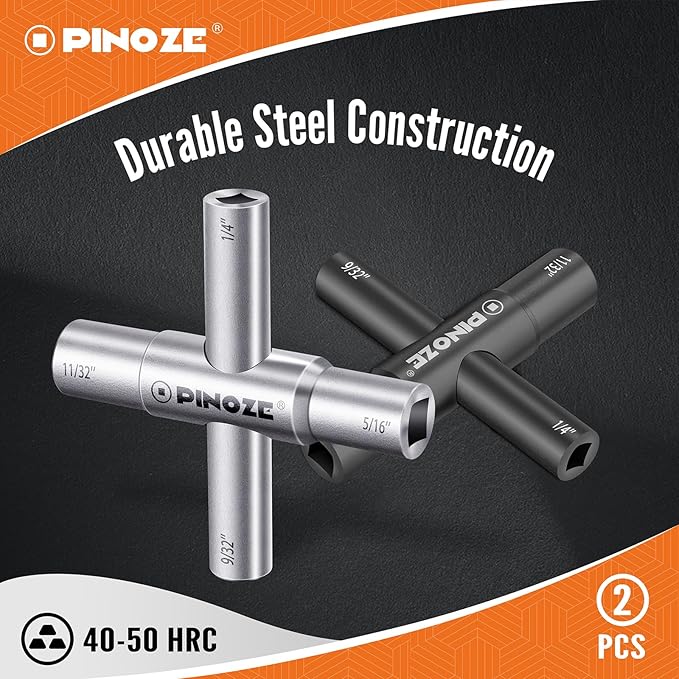 4 Way Sillcock Water Key, 1/4", 9/32", 5/16", 11/32", 2-Pack Steel Multi-Function Utility Key for Sillcocks Faucets Valves Spigots, Silver & Black
