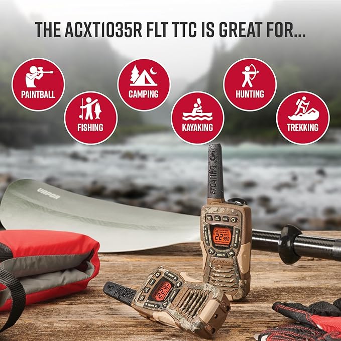 Cobra ACXT1035R FLT TTC Floating and Waterproof Walkie Talkies for Adults with Compatible Cobra Surveillance Headset: Rechargeable, 22 Channels, Long-Range, 2 Two-Way Radios, 2 Headsets