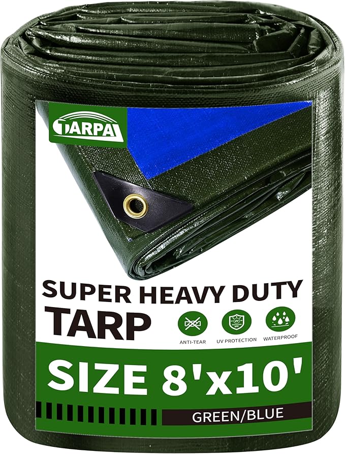 TARPAL 8x10FT Heavy Duty Waterproof Tarp 16mil Thick Tarp with Metal Grommets Every 17.7" UV&Tear Resistant All-Weather Protection Cover for Firewood, Roof, Pool & Outdoor Furniture (Green/Blue)
