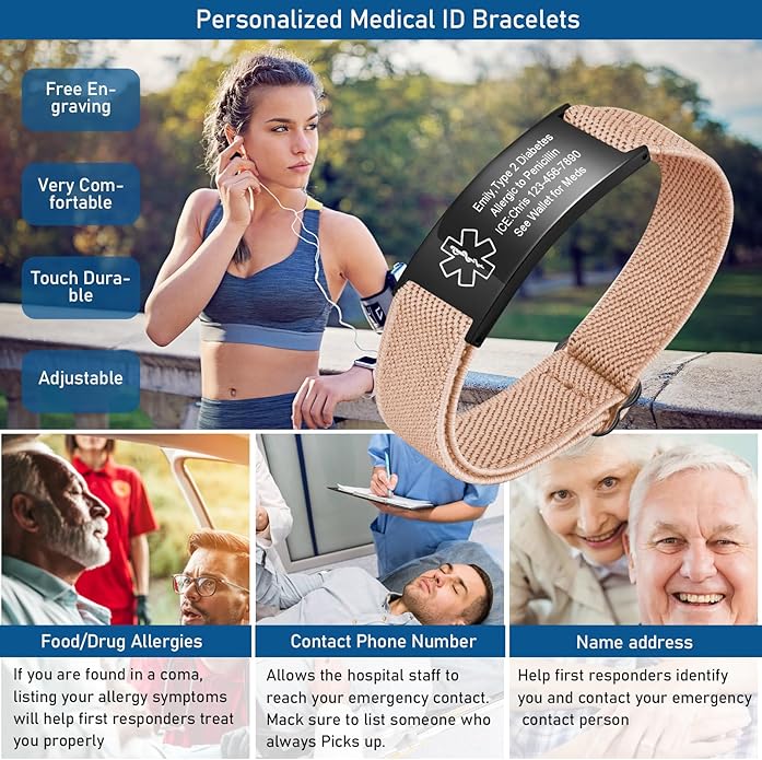 VNOX Medical Alert Bracelets for Men & Women Kids with Free Engraving Adjustable Stainless Steel Mesh Emergency Medical ID Bracelets Wristband