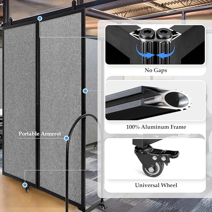 Folding Room Partition,Privacy Room Screen with Arms,Office Dividers Partition Wall,18'5"L* 6'7"H,Light Grey