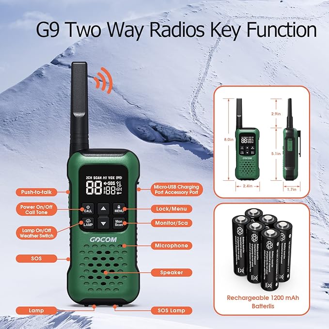 GOCOM G9 IP67 Waterproof Two Way Radios, 2 Way radios Outdoor Adventure NOAA Weather Alert & SOS Emergency Lamp Adult Walkie Talkies Long Range Rechargeable (G9 - Suitcase 4 Pack)
