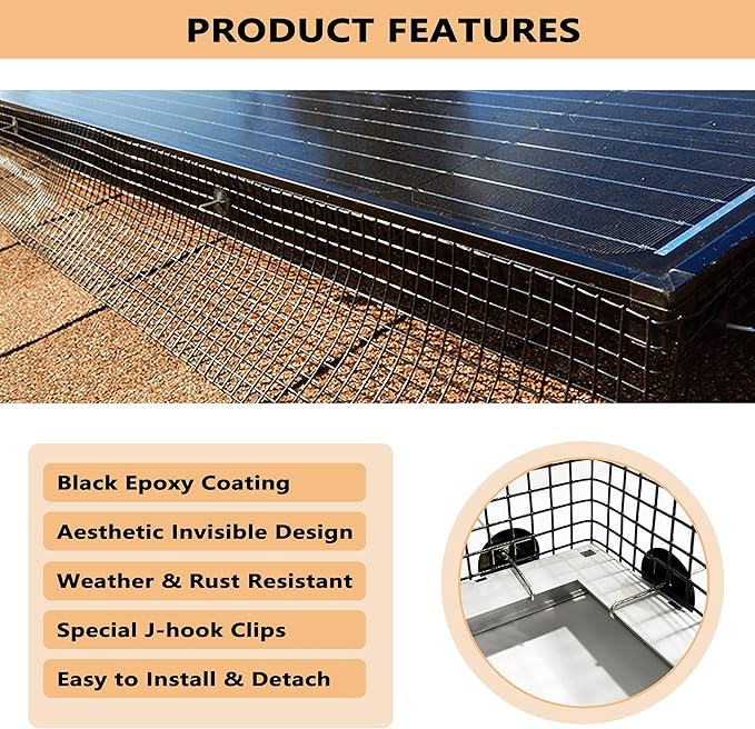 PROLEE 8 Inch X 100FT Solar Panel Bird/Critter Guard Anti-Rust with 100 Fastener Clips Rooftop Solar Panel Bird Wire Screen, Removable Without Damage