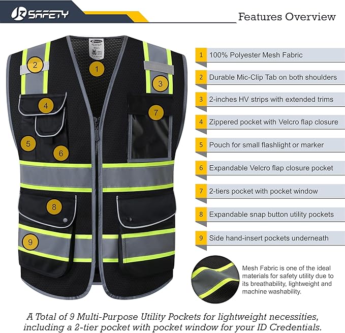 JKSafety 9 Pockets Hi-Vis Black Color Zipper Front MESH Safety Vest with Fluorescent Yellow Extend Edge outlining the Reflective Tapes Meet ANSI/ISEA Class 1 Standard (100-Black, 5XL)