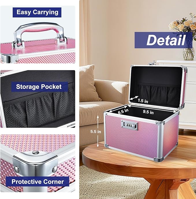 Adazzo Lockable Medicine Storage Box - Shiny Pink Cabinet Med Lock Organizer, 10 x 7 x 9 Inches Safe Case with Combination Lock for Home, Dorm, Office, or Travel