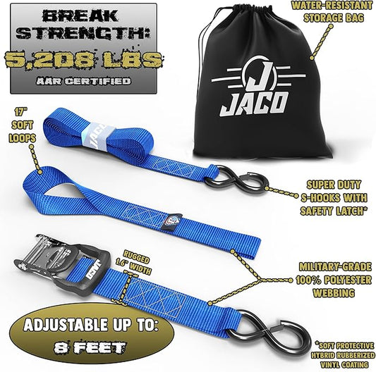 JACO Heavy Duty Ratchet Straps - 1.6 inch x 8 ft (Pack of 4) | Tie Down Kit with Soft Loops - 5,208 lbs (Blue)