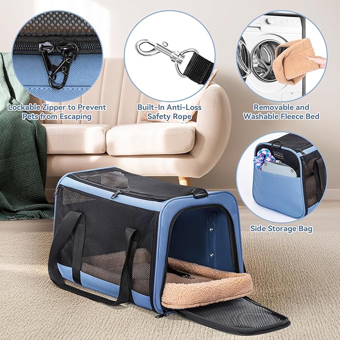 PETSFIT Cat Car Carrier for Medium Cats Dogs, 19"x12"x12" Small Dog Carrier, with Patent Safety Buckles and Escape-Proof Zipper - Safeguarding Car Travel, Vet Visit, Outdoor
