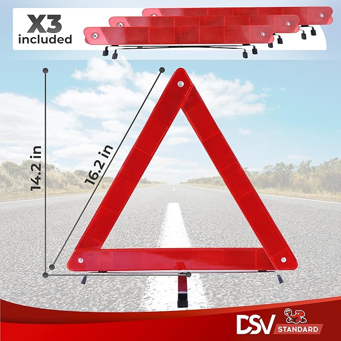 DSV Standard Warning Triangles, Reflective Triangles with Reinforced Cross Base and Carrying Case, Safety Triangles, 3-Pack