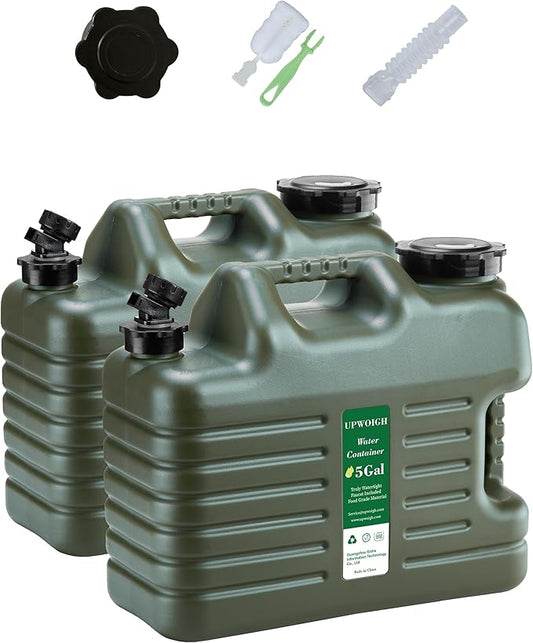 UPWOIGH 5 Gallon Water Jug Set of 2, Camping Water Container, Truly No Leakage Water Storage, Large Military Green Water Tank,BPA Free Portable Emergency Overlanding Gear for Outdoors Hiking
