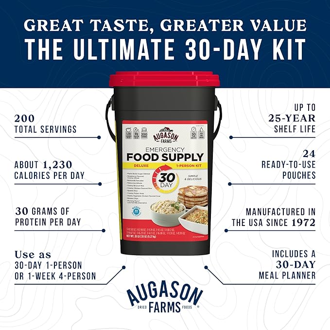 AUGASON FARMS Emergency Food Supply Bucket, 200 Servings, Dehydrated Meal Kit, Variety Pail, Long Shelf Life Just-Add-Water Meals for Prepping, Disaster Survival, Camping, Hiking, and More