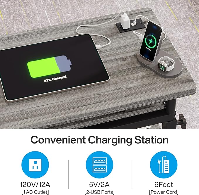 Tribesigns Small Portable Desk with Power Outlet, Height Adjustable Sofa Couch Bedside Laptop Table with Wheels, Mobile Standing Desk Rolling Computer Cart C Side Table with USB Ports