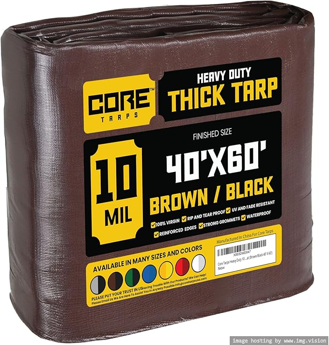 Core Tarps Heavy Duty 10 Mil Tarp Cover, Waterproof, UV Resistant, Rip and Tear Proof, Poly Tarpaulin with Reinforced Edges for Roof, Camping, Patio, Pool, Boat (Brown/Black 40′ X 60′)