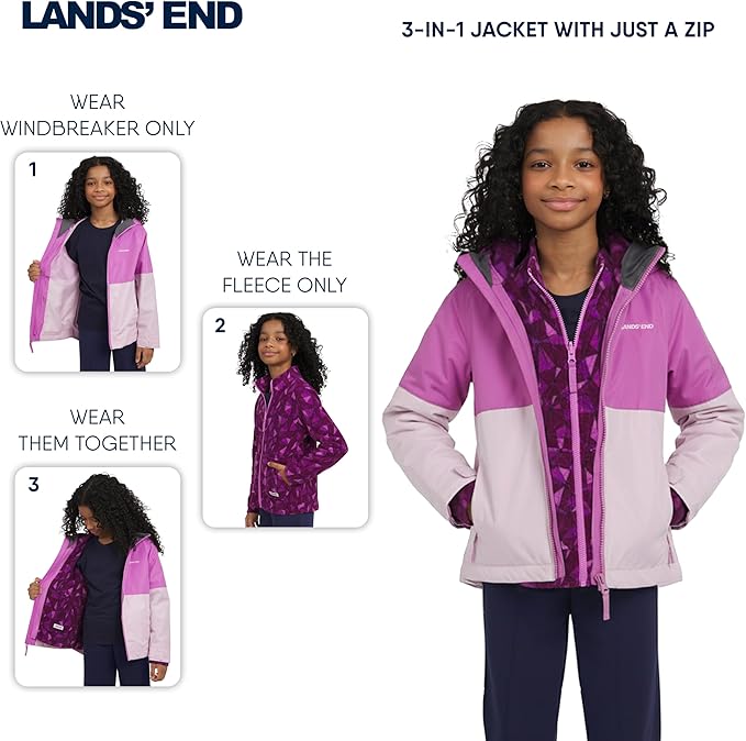 Lands' End Unisex Kids 3-in-1 Water Resistant Windbreaker and Zip-out Polar Fleece Jacket