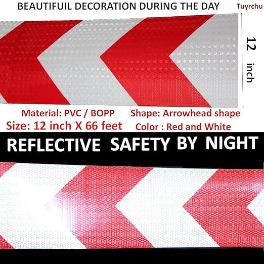 Red and White Reflective Tape Outdoor Waterproof 12 inch, High Visibility Hazard Conspicuity Safety Marking Tape (66 feet)