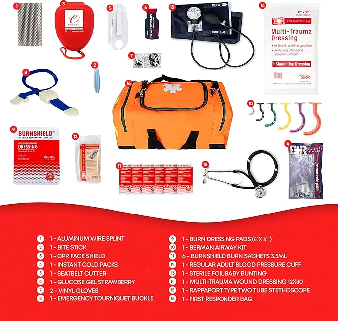 First Responder Trauma First Aid Kit Bag – Fully Stocked Emergency Medical Kit for Workplace, Vehicle & Home – OSHA & ANSI Compliant – Portable – Orange