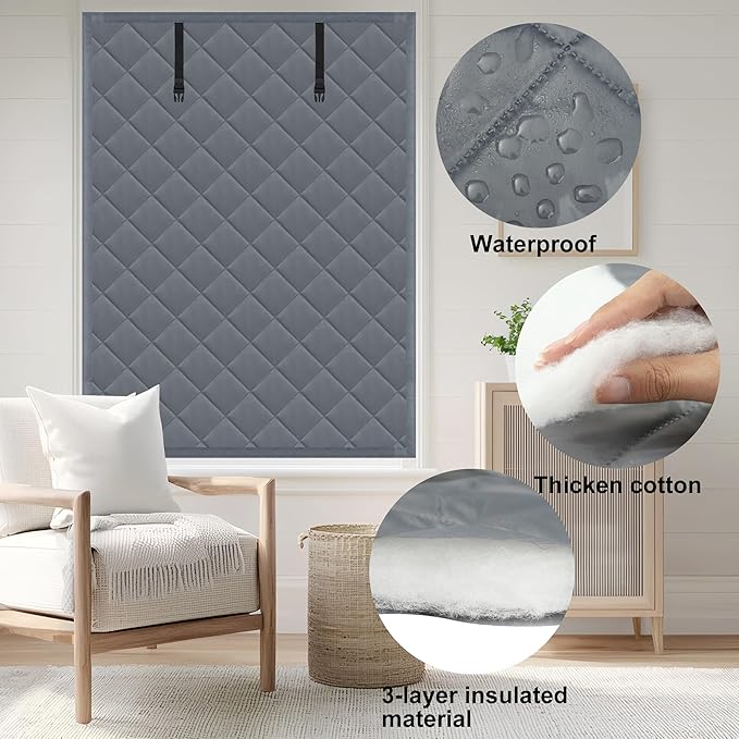 Winter Insulated Window Cover 39in x 63in Thermal Insulated Window Cover 3 Layer Oxford Cloth Cotton Windows Blanket Heavy Duty Windows Insulation Kit for Winter to Keep Warm, Gray