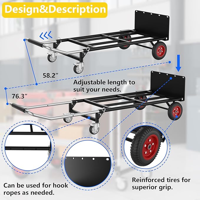 Hand Truck Dolly Heavy Duty, 2 in 1 Convertible Hand Truck and Dolly with 10" Flat-Free Wheels & Brakes, 600LBS Capacity, Includes Elastic Straps for Moving, Warehouse, Garden, Office Use, Black