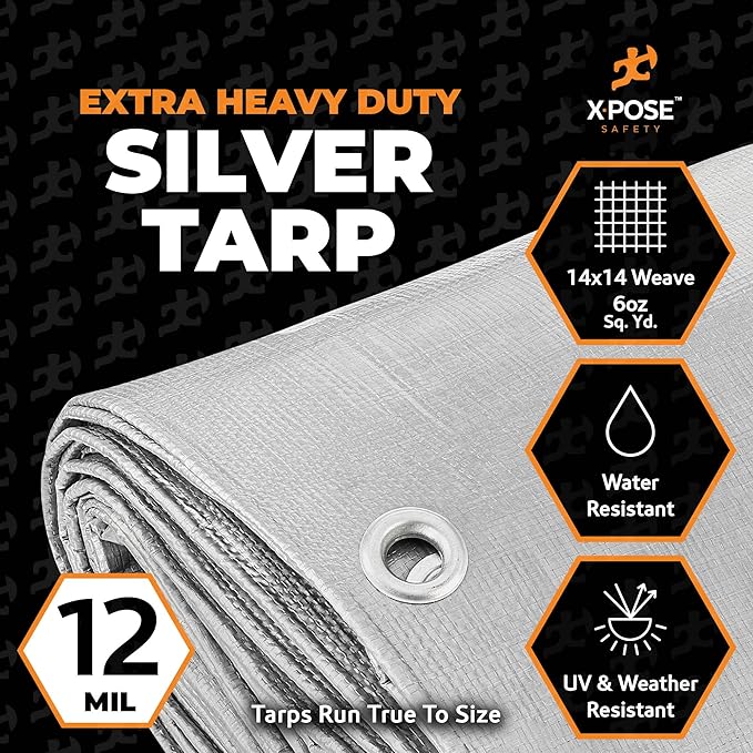 Heavy Duty Silver Poly Tarp 5' X 7' - Multipurpose Protective Cover - Durable, Waterproof, Weather Proof, Rip and Tear Resistant - Extra Thick 12 Mil Polyethylene - by Xpose Safety