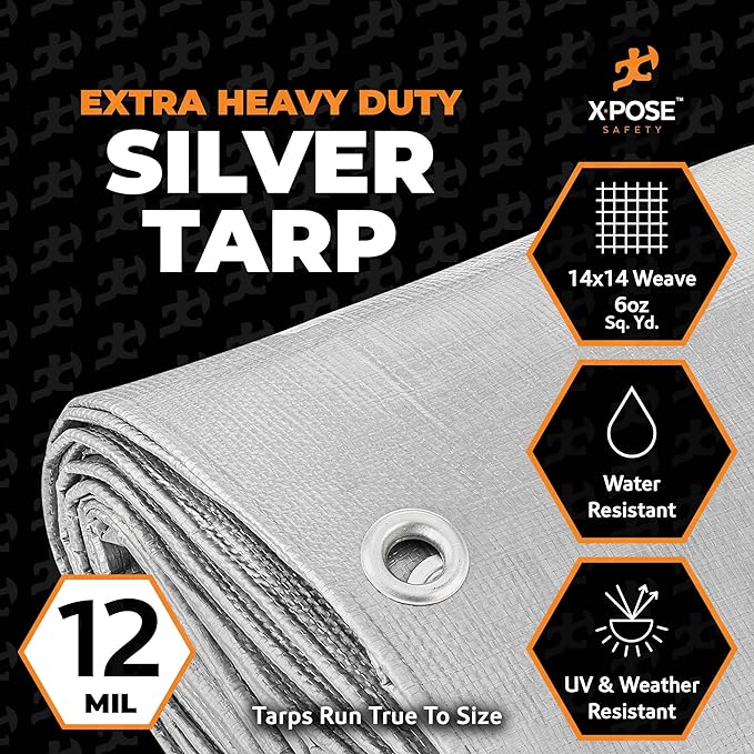 Heavy Duty Silver Poly Tarp 16' X 20' - Multipurpose Protective Cover - Durable, Waterproof, Weather Proof, Rip and Tear Resistant - Extra Thick 12 Mil Polyethylene - by Xpose Safety