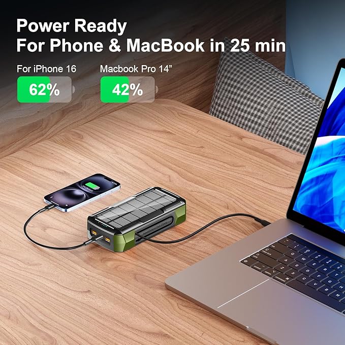 Solar Charger Power Bank 73200mAh, Portable Laptop Charger with 100W USB-C in/Output, Built-in Cables, Hand Crank Power Bank for Mobile Phones, Ideal for Outdoor Use with SOS/Strobe/Strong (green)
