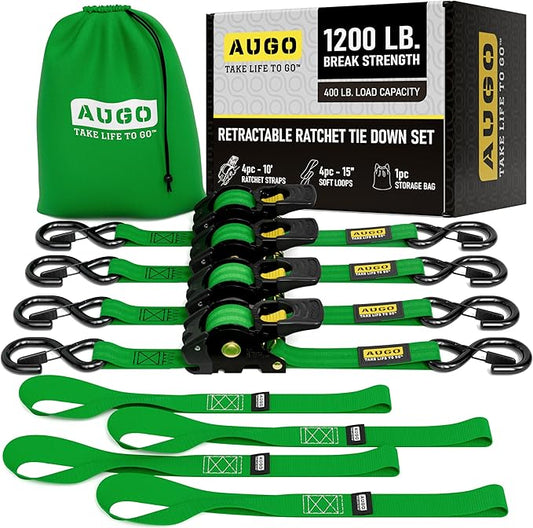 AUGO Retractable Ratchet Straps | 4 Heavy Duty Self Retractable Tie Down Straps with Soft Loops & Storage Bag for Motorcycle, Truck, Trailer, Cargo Van | 1200 Lb Break Strength 1' x 10'