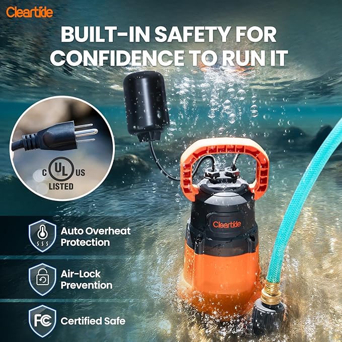 Cleartide Submersible Sump Pump with Tethered Float Switch, 1/4 HP Utility Water Pump,100% Copper Motor, Electric Drain Pump Handles 1/8" Solids, 10 FT Cord