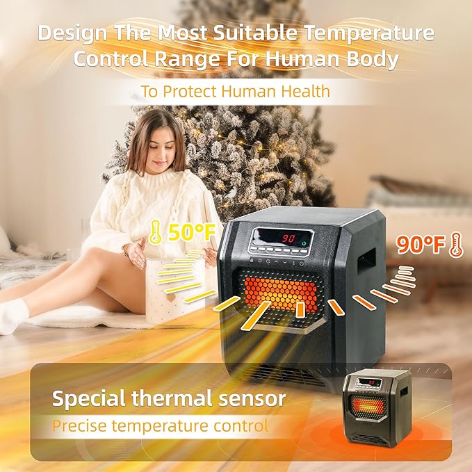 Quartz Space Heater for Indoor Use RealSmart 1500W Electric Heater Remote Control Infrared Heater Office Large Room 3 Heating Modes LED Display Overheat Tip Over Protection