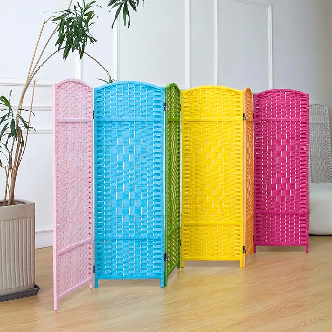 6 Panel Rattan Divider Short Room Partition Screen,Double Sided Folding Divider for Room Separation,Colorful,47.2" H x 94.5" W